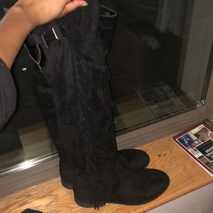 Suede fringe knee high boots